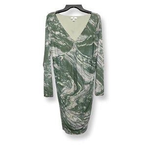 BP Womens Sheath Dress Green Midi Abstract Ruched V Neck Long Sleeve Plus 2X New
